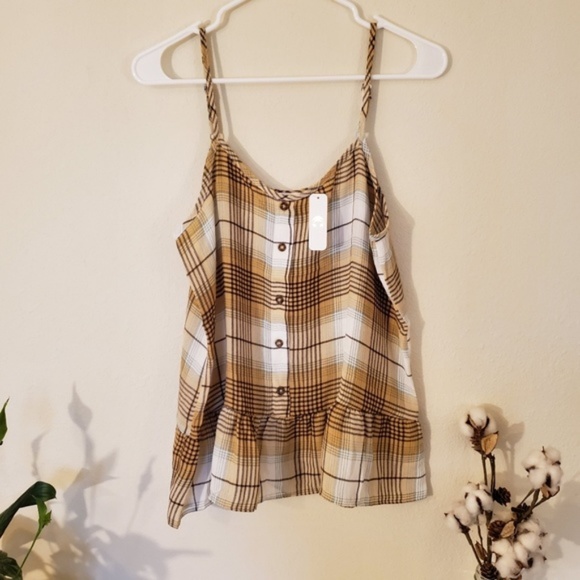 Charming Charlie Tops - Charming Charlie Plaid Button & Peplum Cami